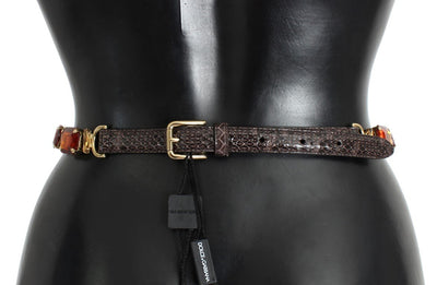 Brown Snakeskin Leather Crystal Gold Waist Belt