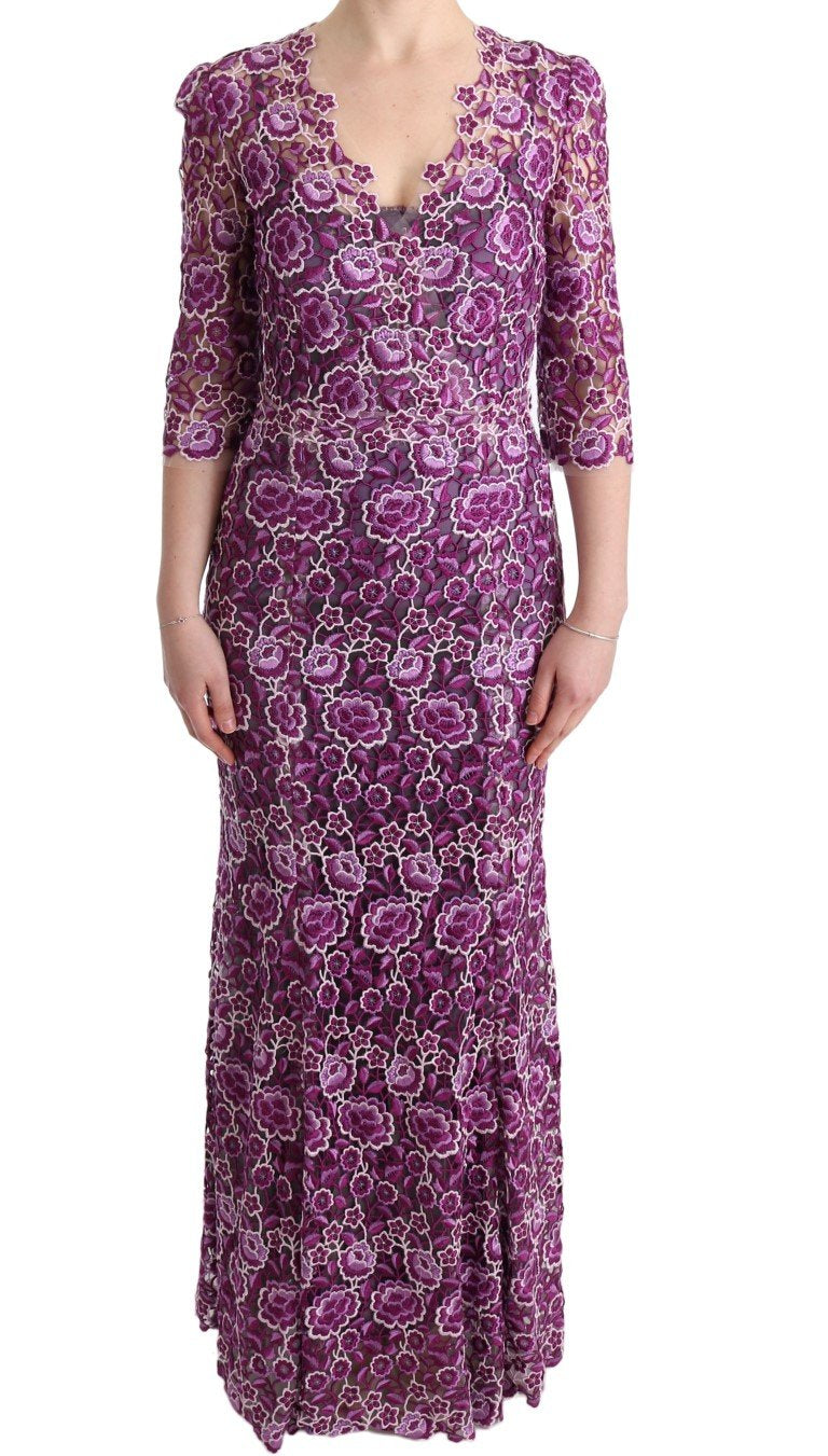 Purple Floral Ricamo Sheath Long Dress