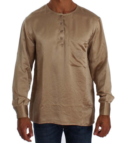 Beige Shiny Silk Casual Henley Shirt