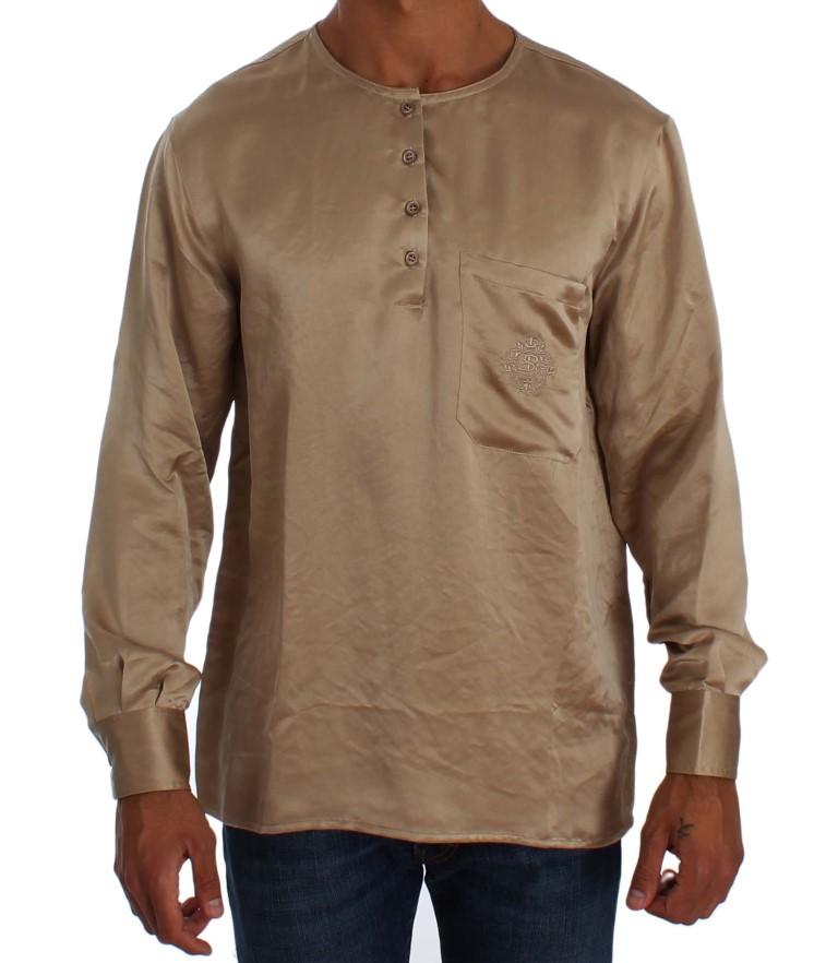 Beige Shiny Silk Casual Henley Shirt