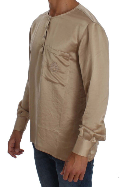 Beige Shiny Silk Casual Henley Shirt