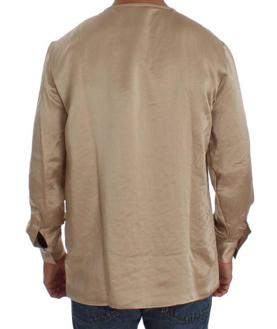 Beige Shiny Silk Casual Henley Shirt