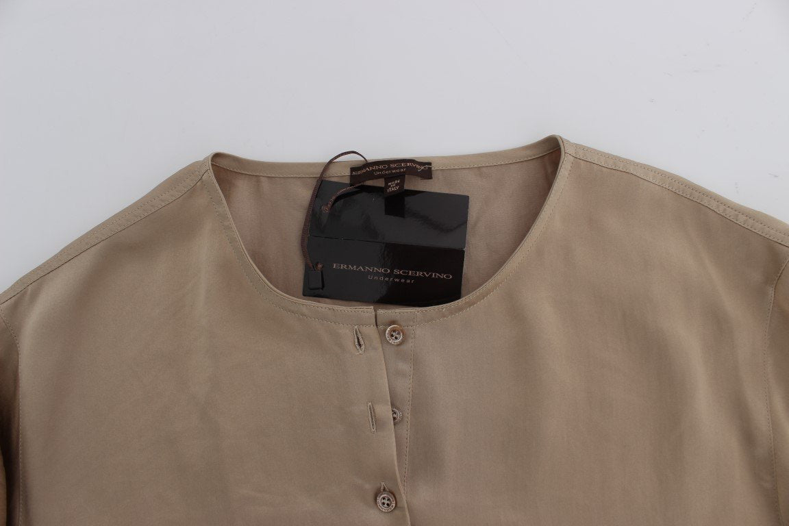 Beige Shiny Silk Casual Henley Shirt