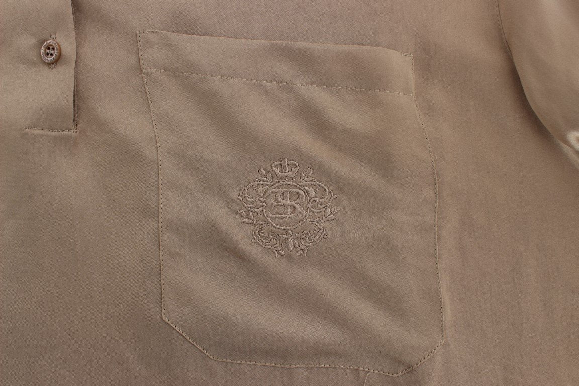 Beige Shiny Silk Casual Henley Shirt