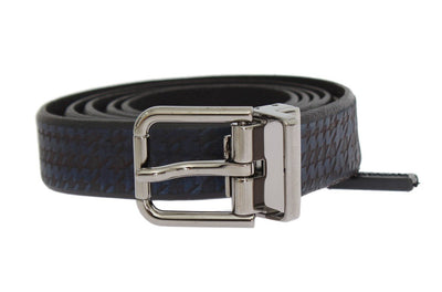 Black Blue Pattern Leather Silver Buckle Belt