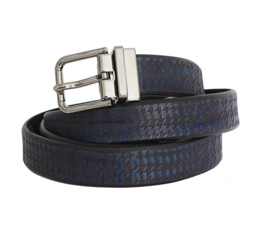 Black Blue Pattern Leather Silver Buckle Belt