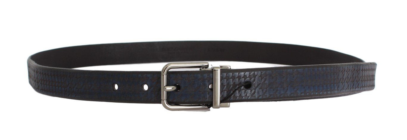 Black Blue Pattern Leather Silver Buckle Belt