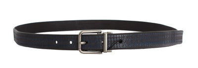 Black Blue Pattern Leather Silver Buckle Belt