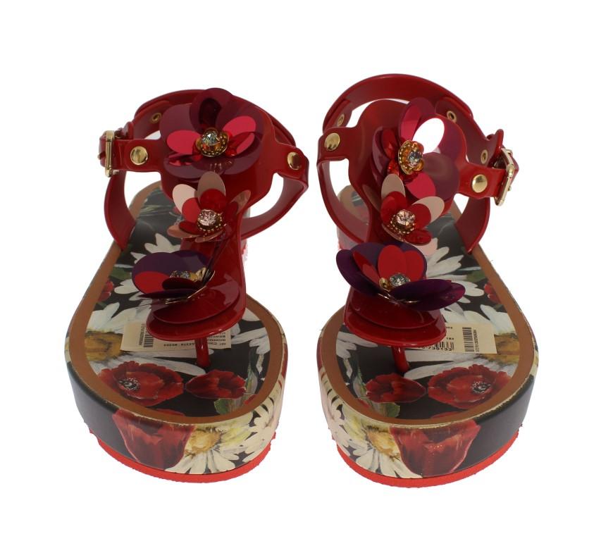 Red Crystal Floral Print Sandal Shoes