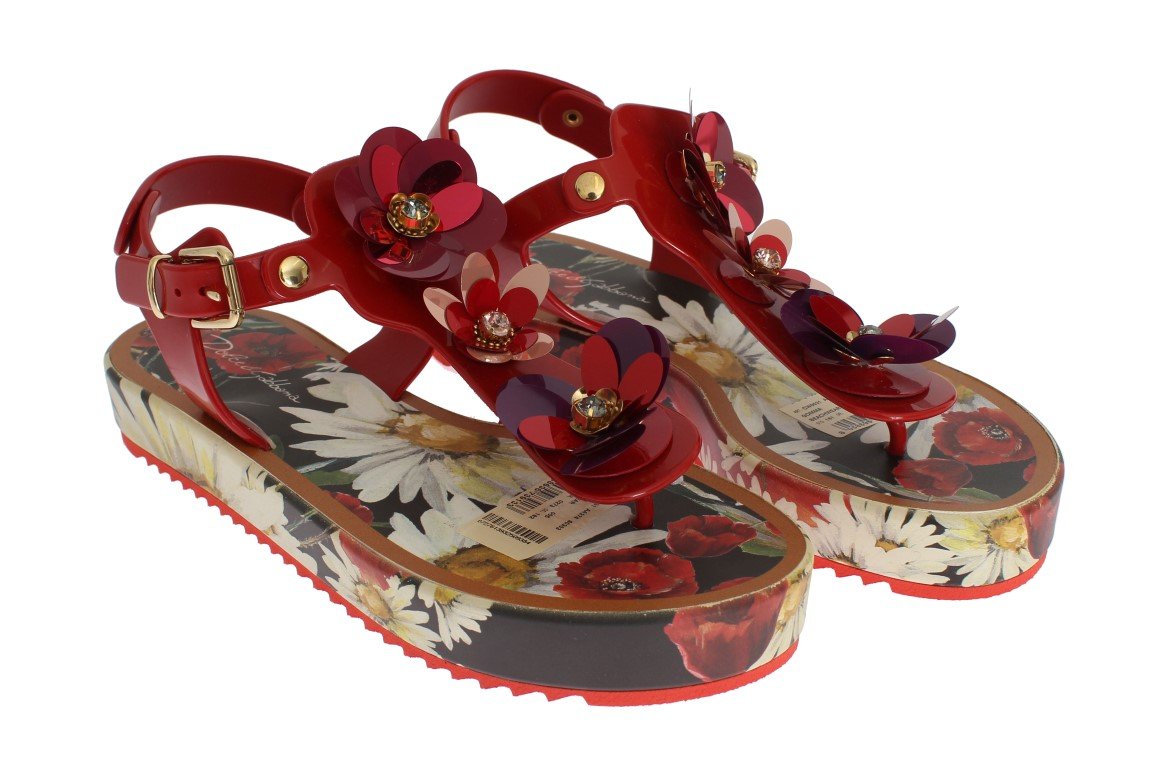 Red Crystal Floral Print Sandal Shoes