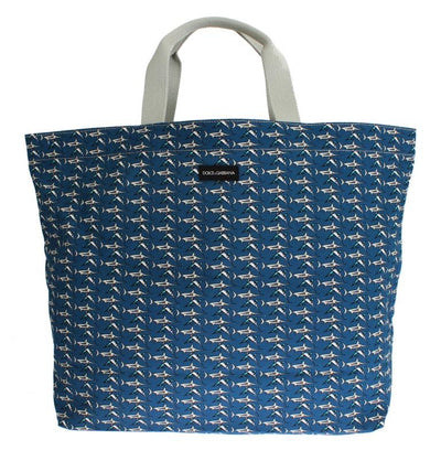 Blue Shark Print Cotton Denim Shopping Bag
