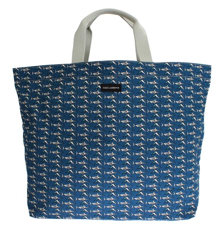 Blue Shark Print Cotton Denim Shopping Bag