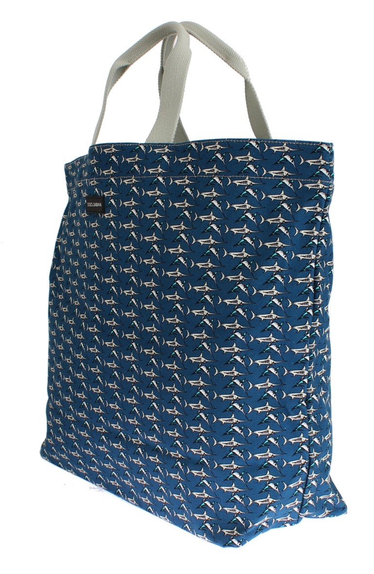 Blue Shark Print Cotton Denim Shopping Bag