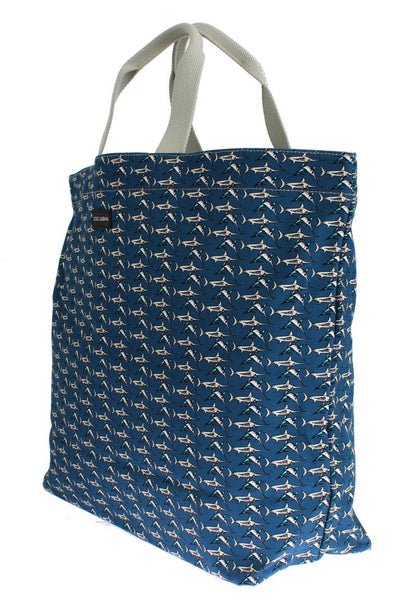 Blue Shark Print Cotton Denim Shopping Bag