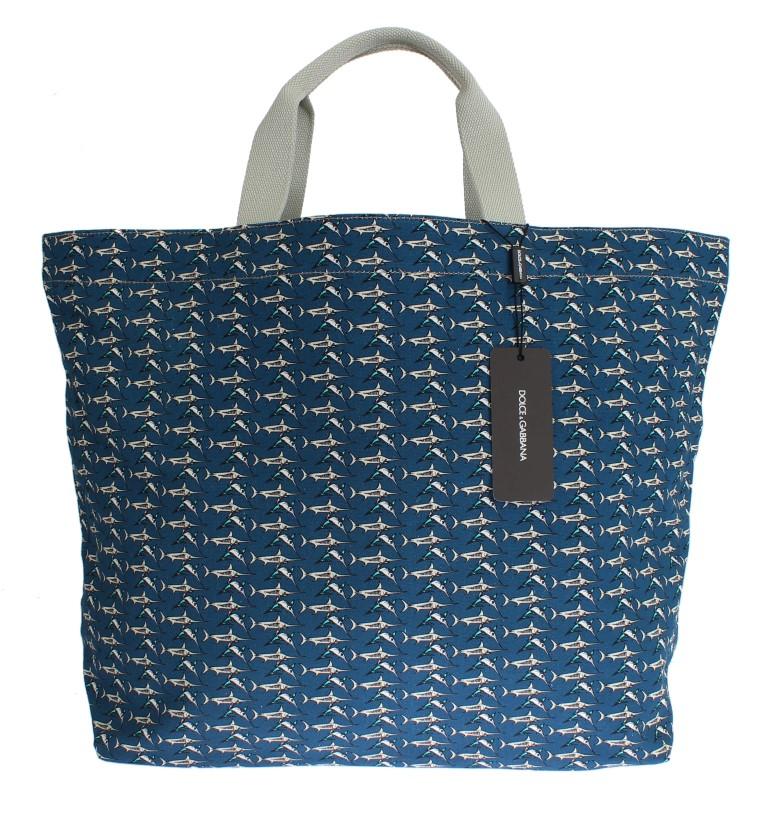 Blue Shark Print Cotton Denim Shopping Bag