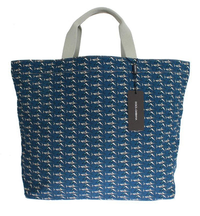 Blue Shark Print Cotton Denim Shopping Bag