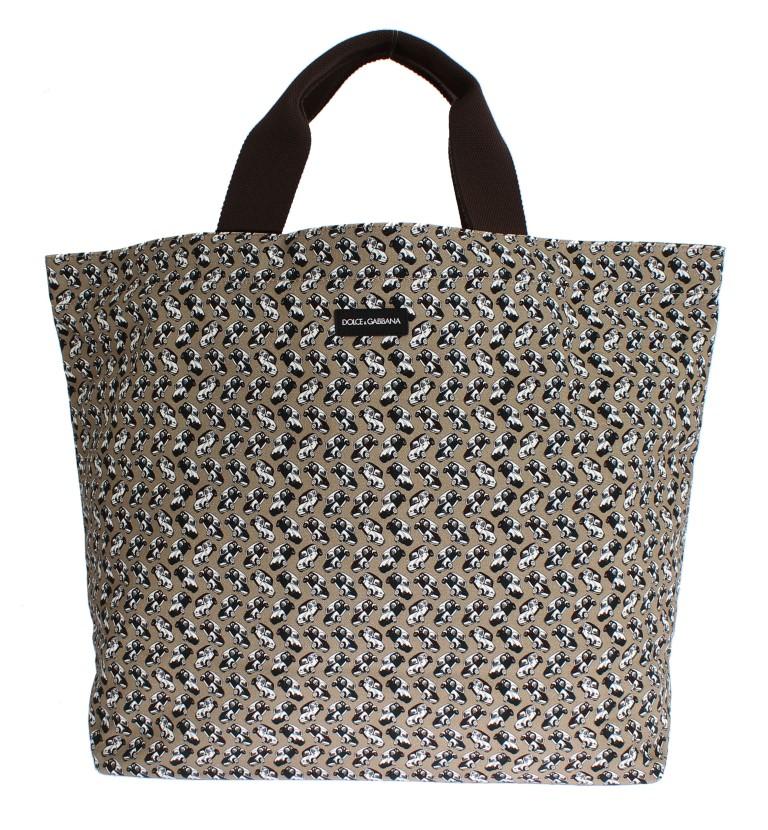 Beige Car Print Cotton Denim Hand Shopping Bag