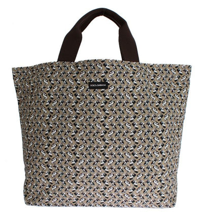 Beige Car Print Cotton Denim Hand Shopping Bag