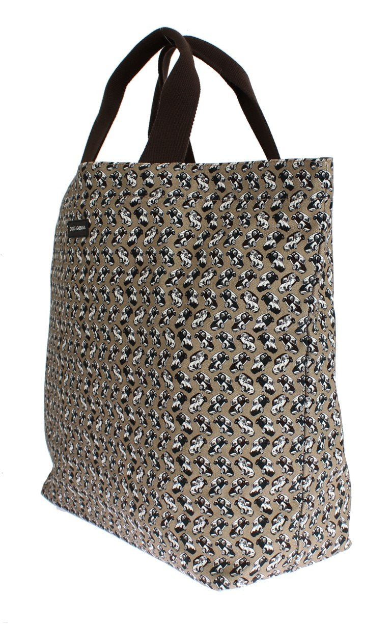 Beige Car Print Cotton Denim Hand Shopping Bag