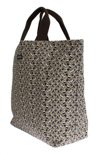 Beige Car Print Cotton Denim Hand Shopping Bag