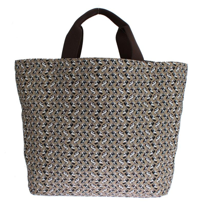 Beige Car Print Cotton Denim Hand Shopping Bag