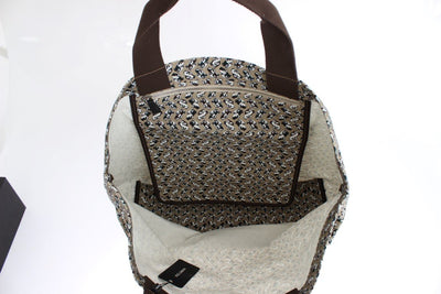 Beige Car Print Cotton Denim Hand Shopping Bag