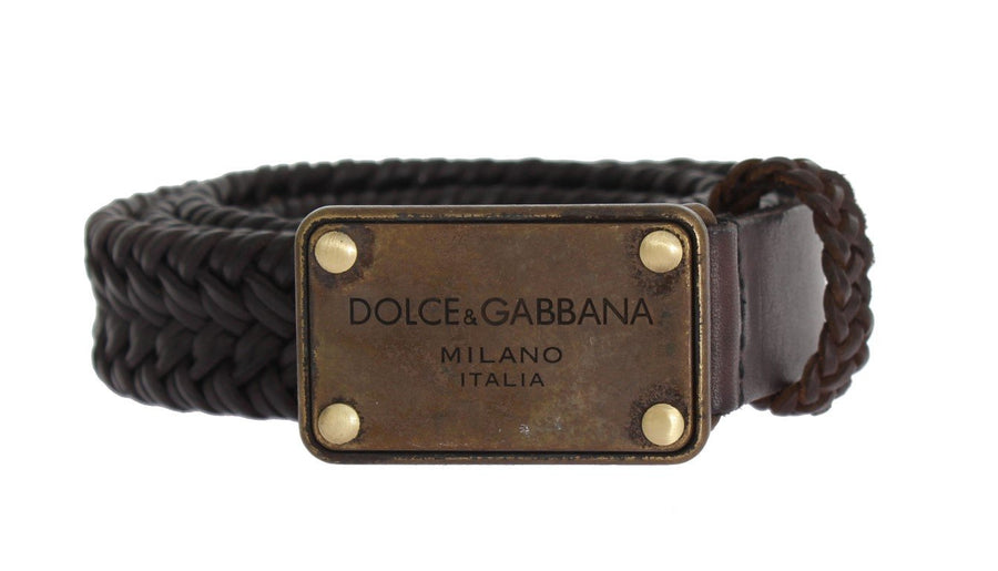 Black Leather Woven Gold Buckle Belt