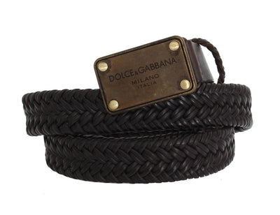 Black Leather Woven Gold Buckle Belt
