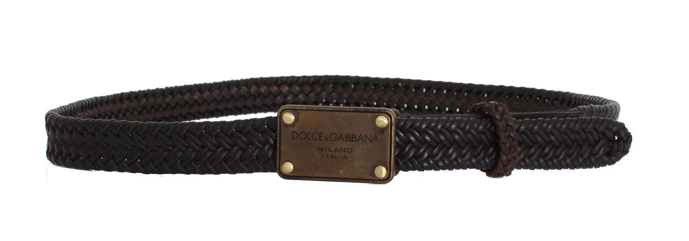Black Leather Woven Gold Buckle Belt
