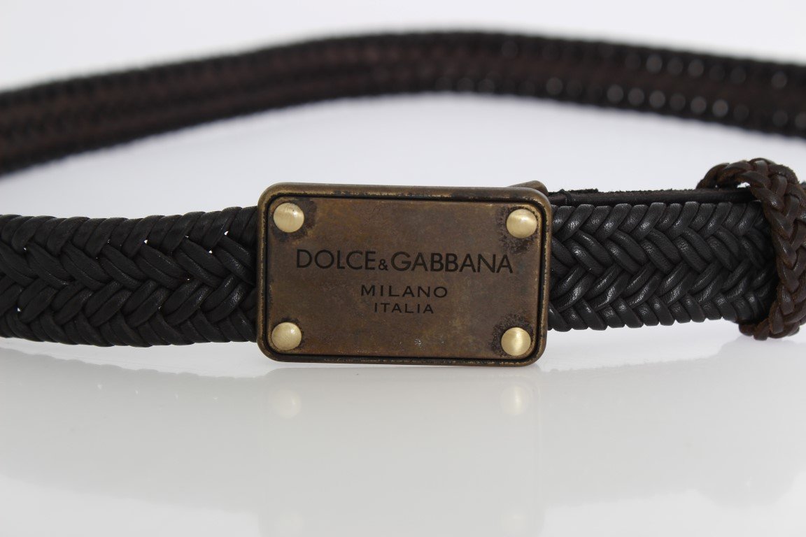 Black Leather Woven Gold Buckle Belt