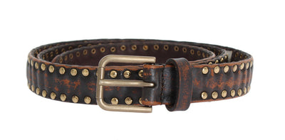 Brown Leather Gold Buckle Studded Belt