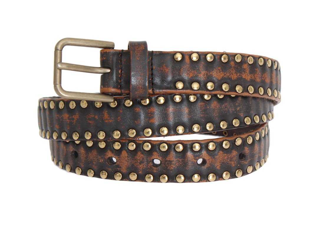 Brown Leather Gold Buckle Studded Belt