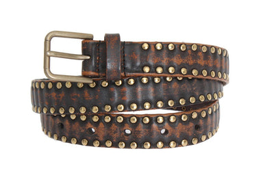 Brown Leather Gold Buckle Studded Belt