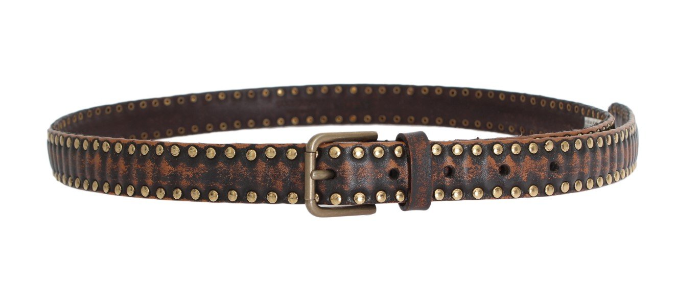 Brown Leather Gold Buckle Studded Belt