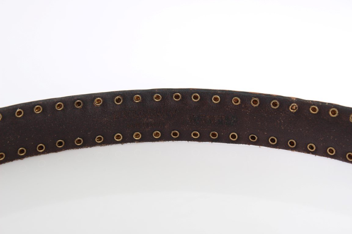 Brown Leather Gold Buckle Studded Belt