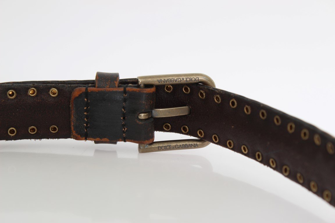 Brown Leather Gold Buckle Studded Belt