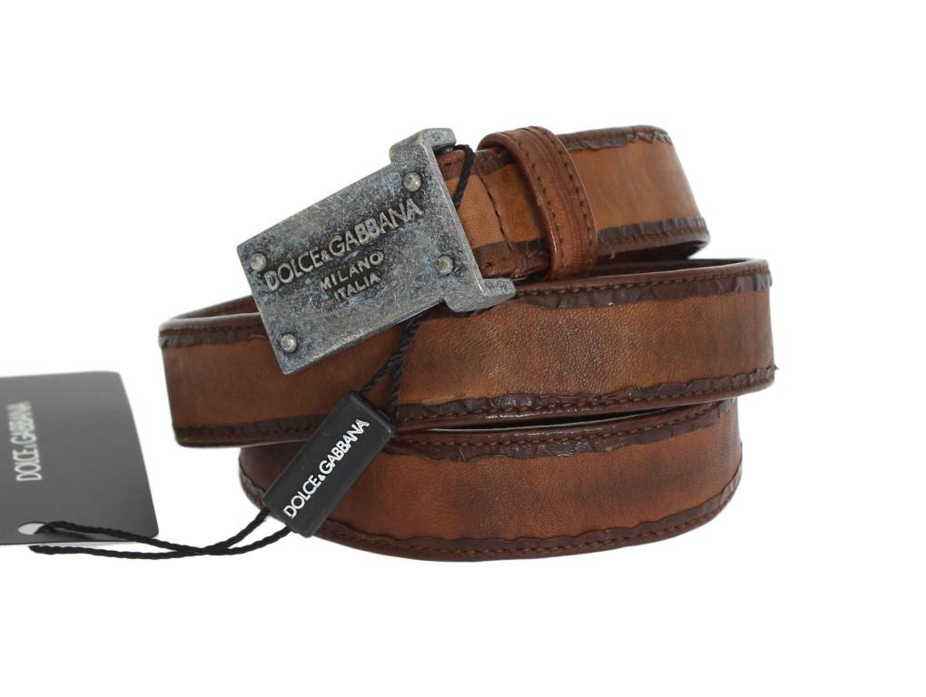 Brown Leather Logo Antique Buckle Belt