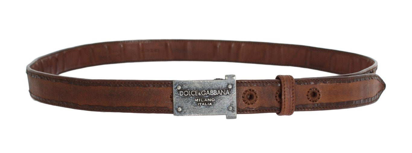 Brown Leather Logo Antique Buckle Belt