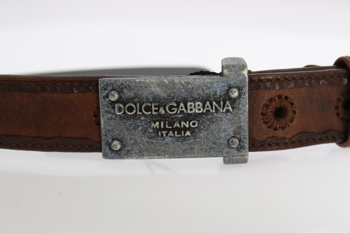 Brown Leather Logo Antique Buckle Belt