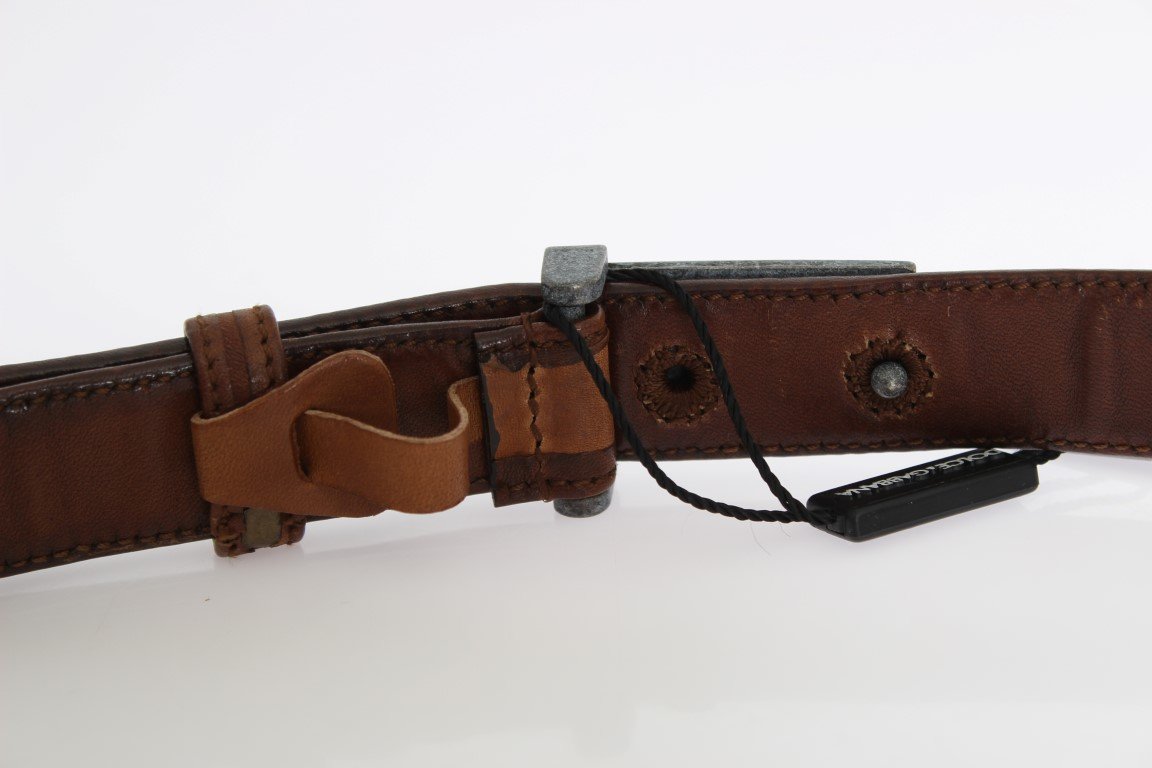 Brown Leather Logo Antique Buckle Belt