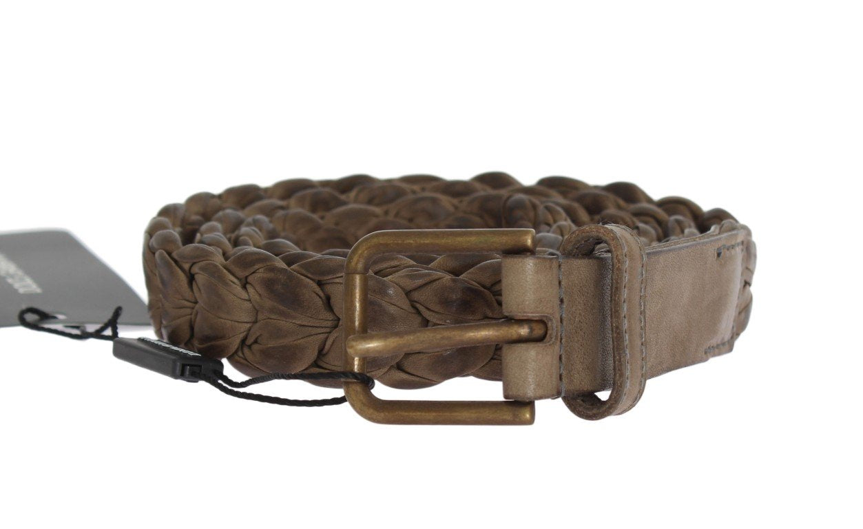Beige Woven Leather Gold Buckle Belt
