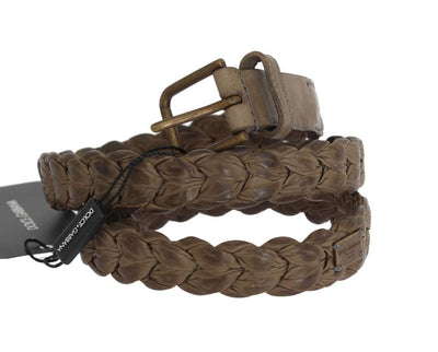 Beige Woven Leather Gold Buckle Belt