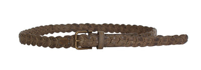 Beige Woven Leather Gold Buckle Belt