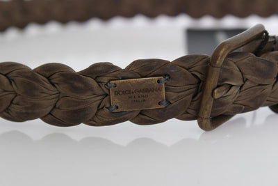 Beige Woven Leather Gold Buckle Belt