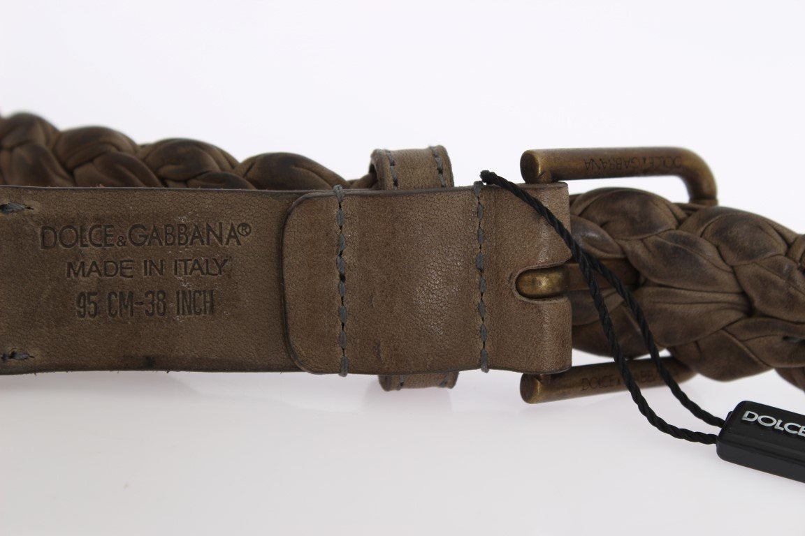 Beige Woven Leather Gold Buckle Belt
