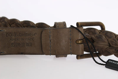 Beige Woven Leather Gold Buckle Belt