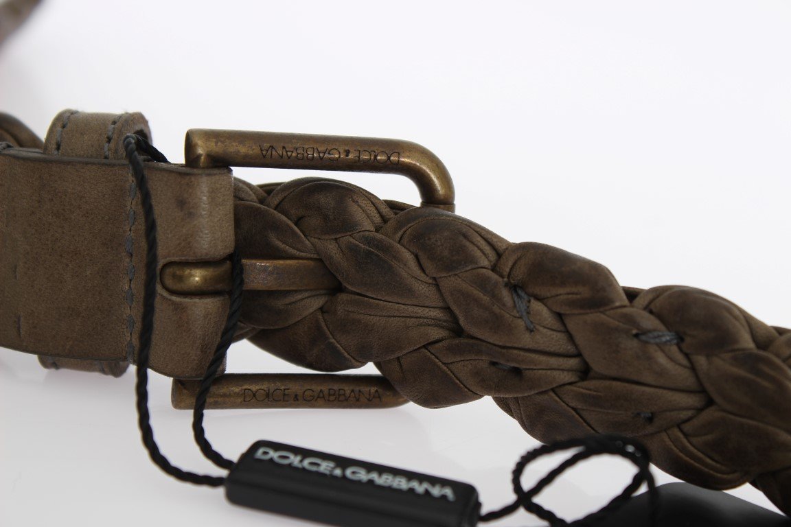 Beige Woven Leather Gold Buckle Belt