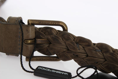 Beige Woven Leather Gold Buckle Belt