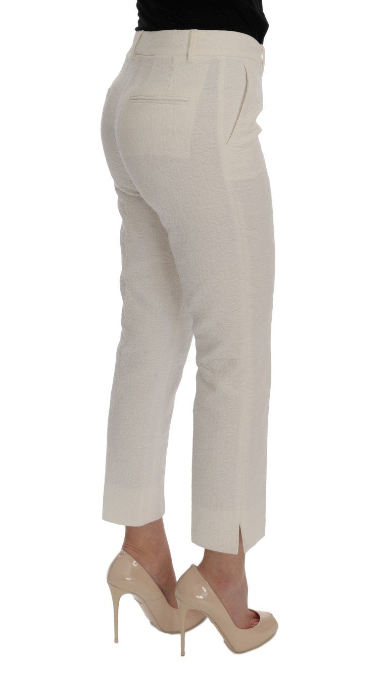 White Floral Brocade Cropped Pants
