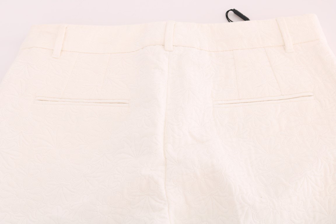 White Floral Brocade Cropped Pants